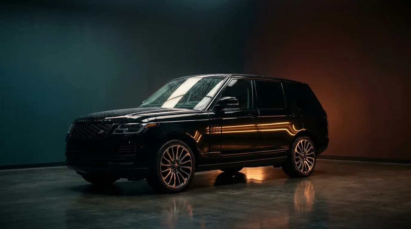 SUV hitam mengilap di studio detailing yang gelap