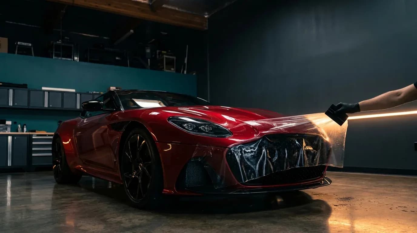 Film PPF bening dipasang di bumper mobil merah